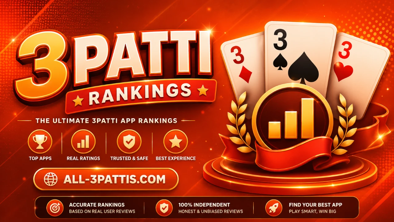 All 3 Pattis arena banner with top Teen Patti style apps, bold download CTAs, and rank energy